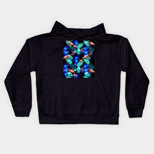 Flamingo Palm, Blue Flowers, Black Kids Hoodie by Random Galaxy